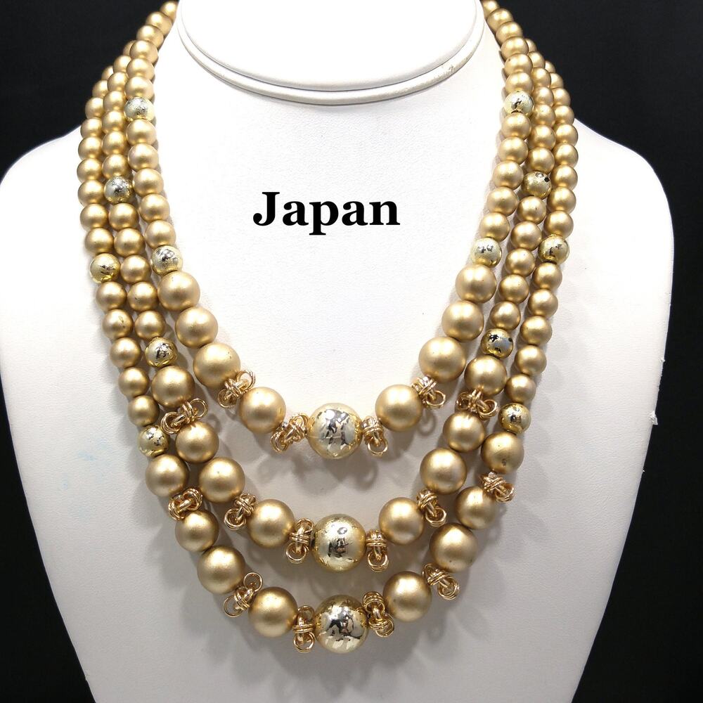 Vintage Japan Gold Bead Triple Strand Necklace 1950s Art Glass